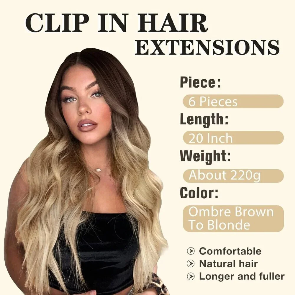 Clip in Hair Extensions for Women 20 Inch Long Wavy Curly Ombre Brown to Blonde